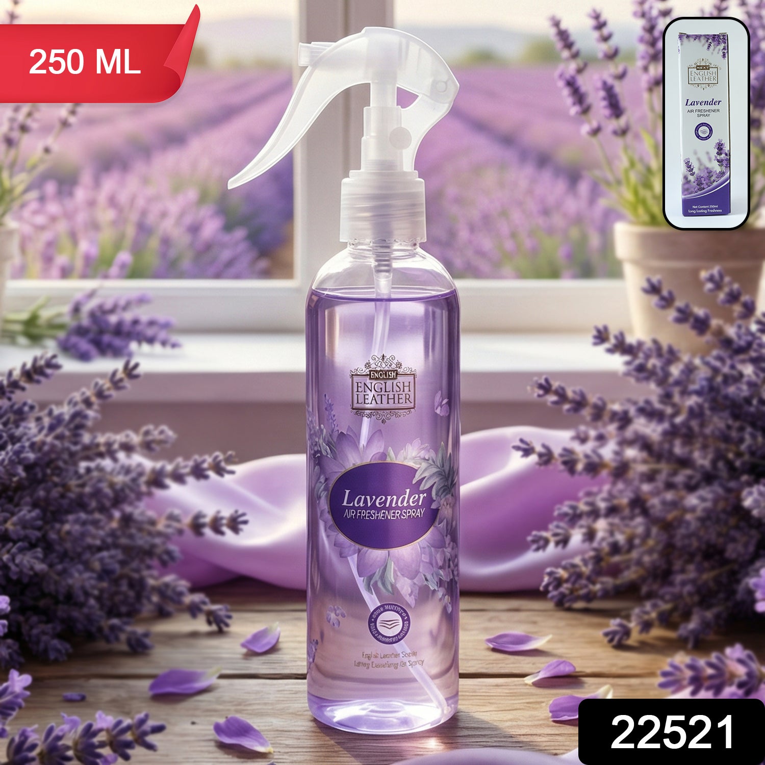 Next Premium English Leather lavender air freshener spray by Wukusy, 250ml bottle with lavender and leather scent.