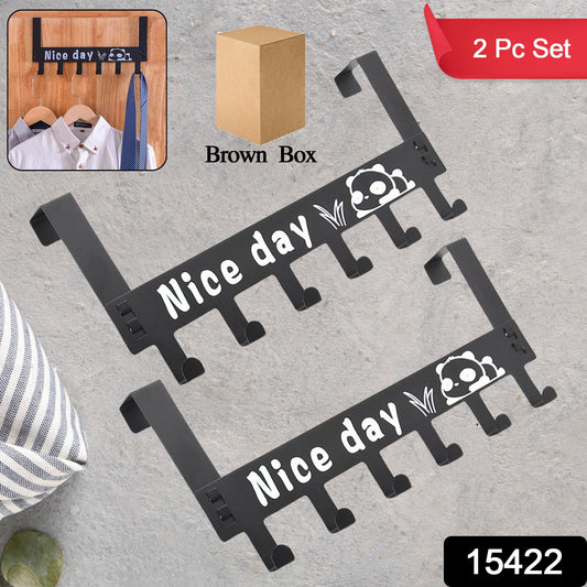 Set of two black heavy-duty carbon steel door hook hangers with six hooks each for home organization and door storage.