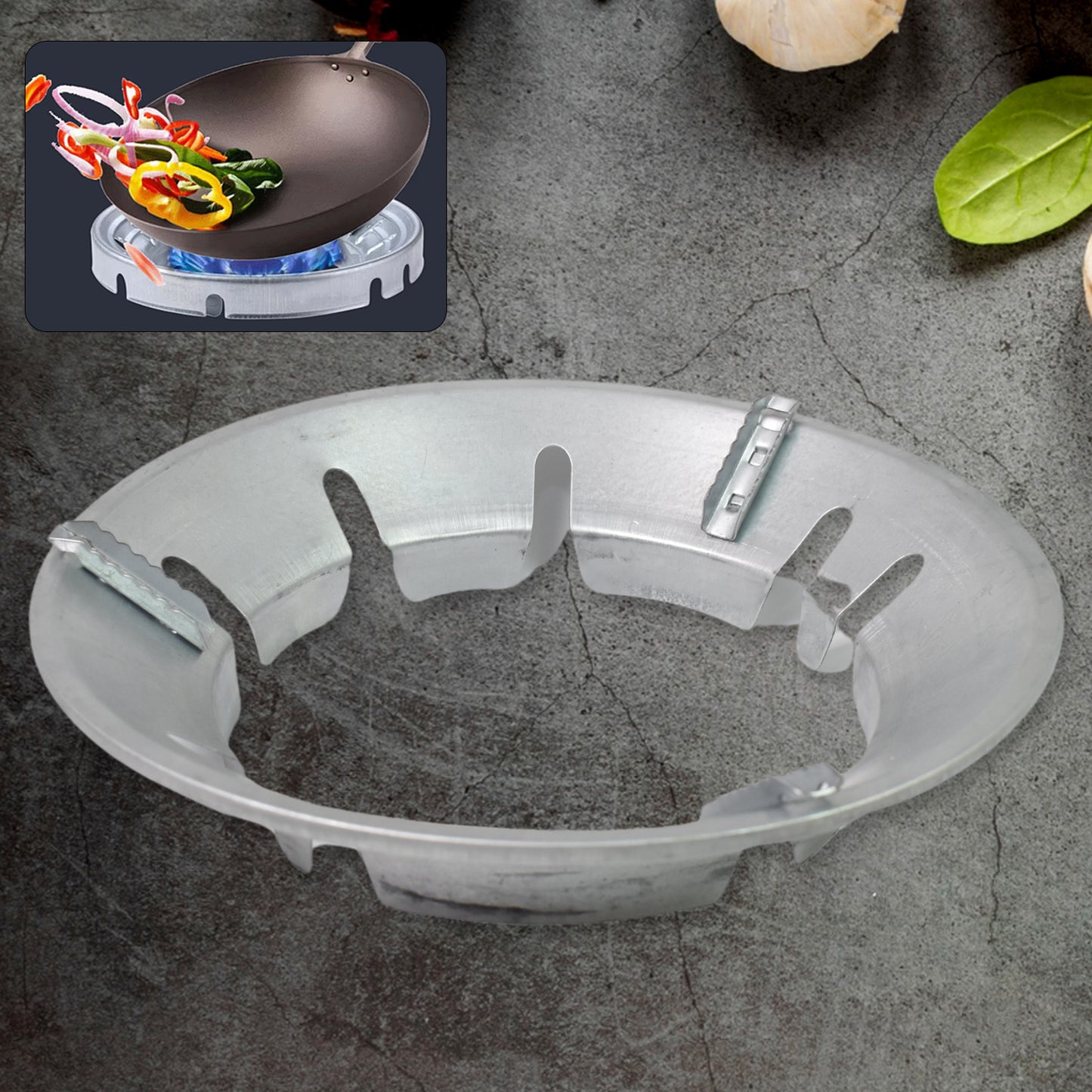 Wukusy gas stove burner cover stand, 221 grams, for protecting and organizing stove burners, shown in a kitchen setting.