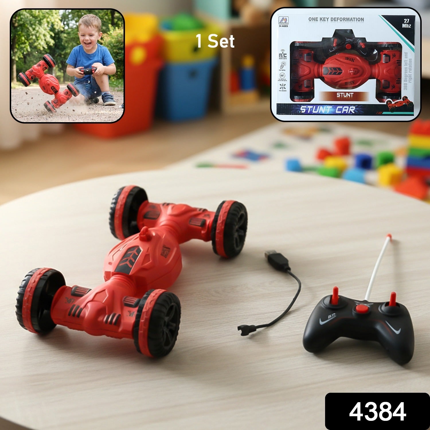 Wukusy remote control stunt car with one-key deformation feature, shown in action on a smooth surface.
