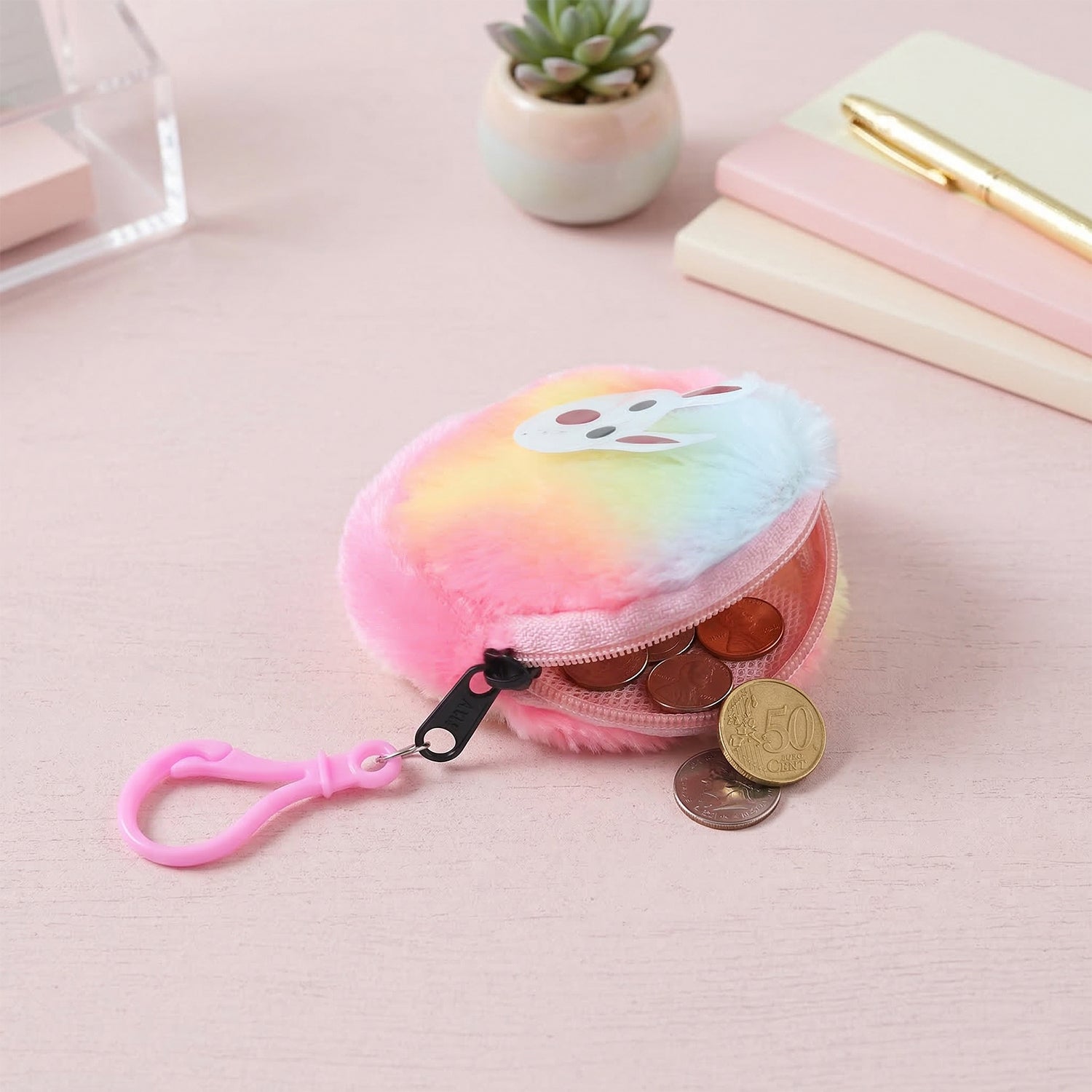Wukusy cute bunny design rainbow fur mini coin purse and keychain, featuring colorful fluffy details and compact size for keys and coins.