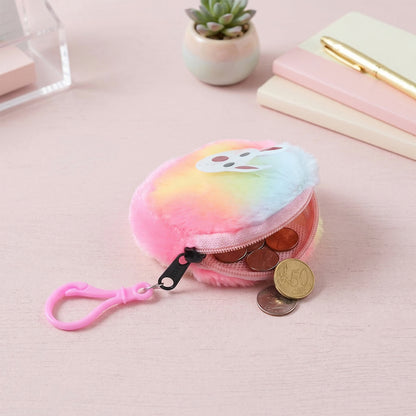 Wukusy cute bunny design rainbow fur mini coin purse and keychain, featuring colorful fluffy details and compact size for keys and coins.
