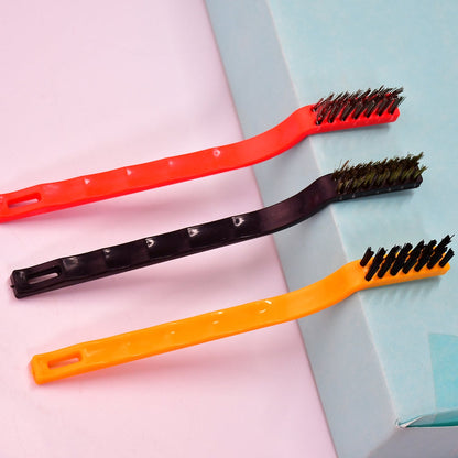 Wukusy 3-piece mini wire brush set with brass, nylon, and stainless steel bristles for cleaning gas stoves, tiles, and rust removal.