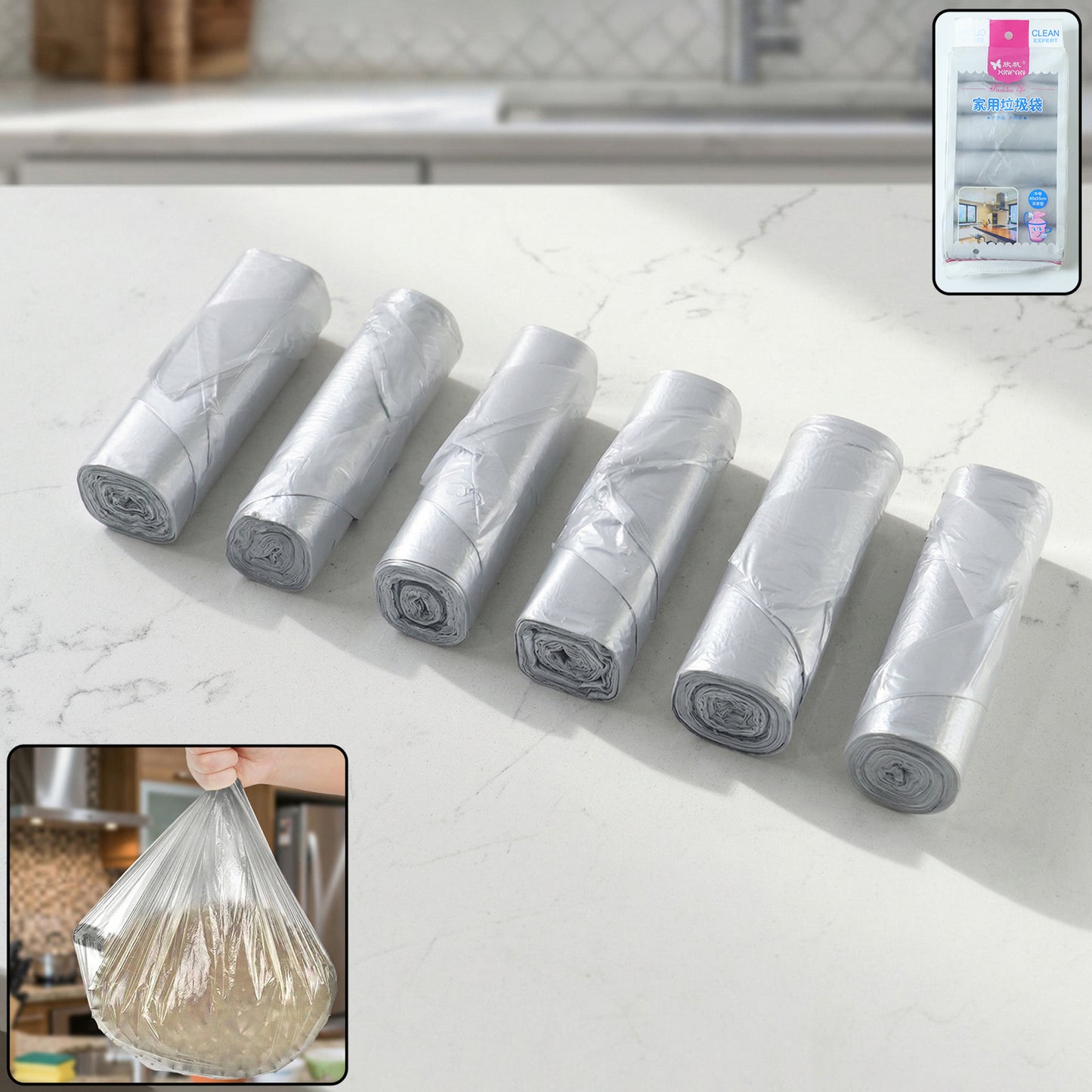 Six Wukusy multipack garbage bag rolls, 45x55 cm, shown in a neatly stacked set with rolls inside clear packaging.