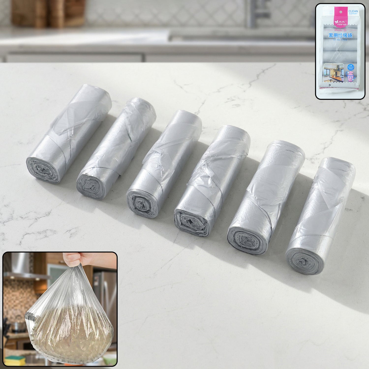 Six Wukusy multipack garbage bag rolls, 45x55 cm, shown in a neatly stacked set with rolls inside clear packaging.