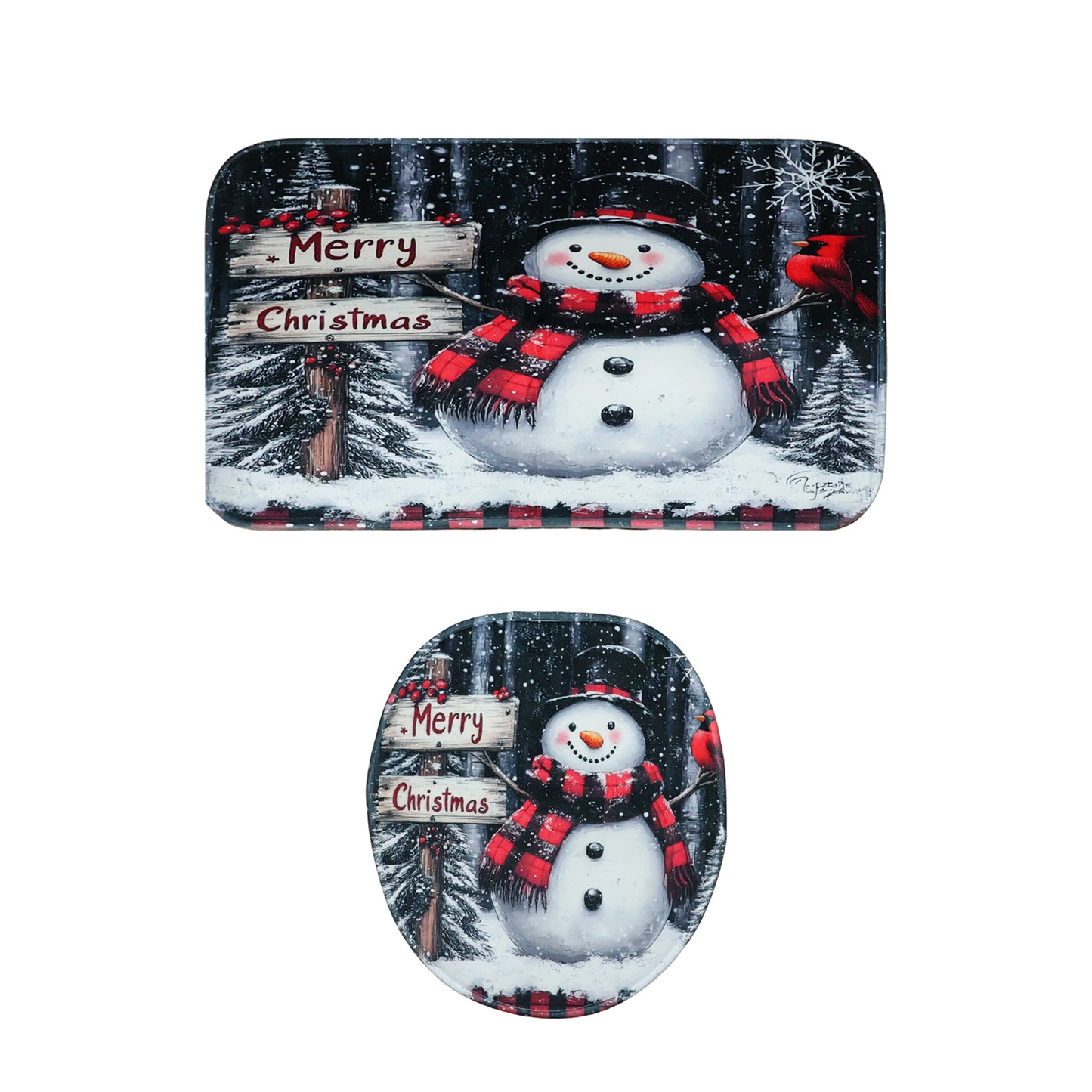 Christmas-themed 3-in-1 bathroom mat set by Wukusy, featuring festive designs and soft, absorbent material for home decor.