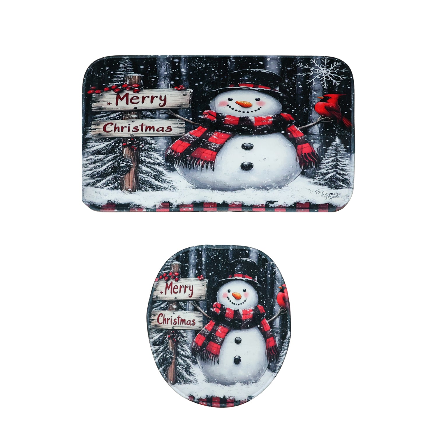 Christmas-themed 3-in-1 bathroom mat set by Wukusy, featuring festive designs and soft, absorbent material for home decor.