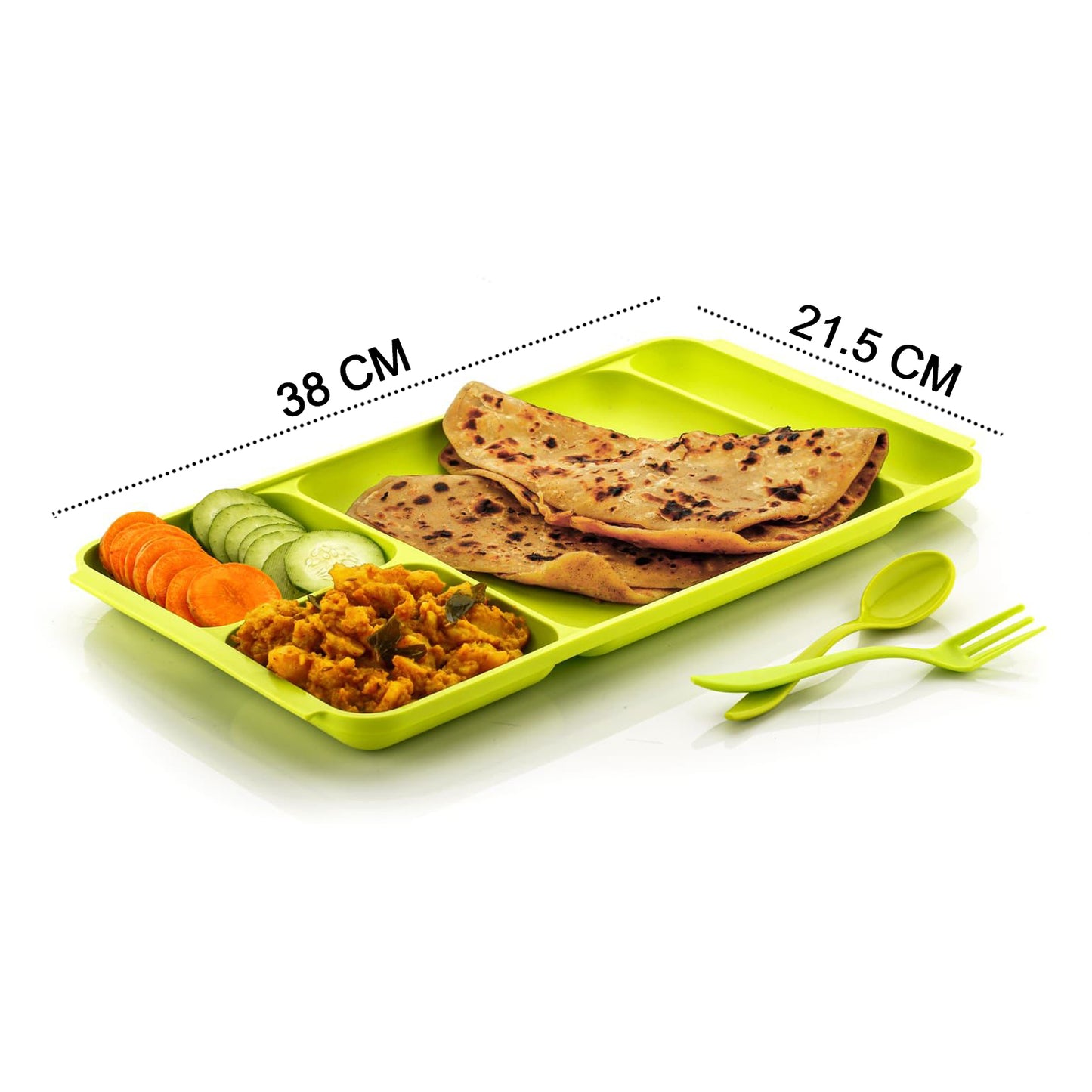 Wukusy 4-compartment plastic dish with spoon and fork, divided dinner plate for serving Pav Bhaji and food portions.