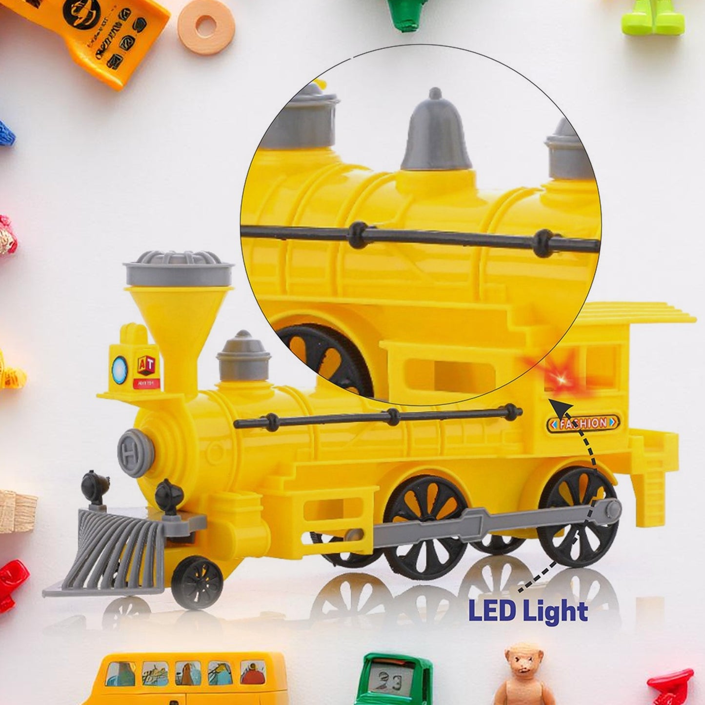 Colorful Wukusy Pull and Go train toy with light and plastic string for kids, featuring a pull-back mechanism and vibrant mixed colors.