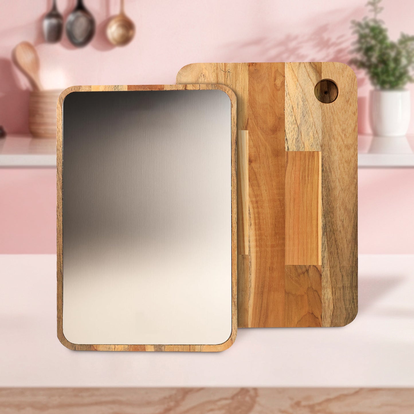Wukusy Apex Steel Oak medium cutting board with wooden handle, durable kitchen prep surface in close-up view