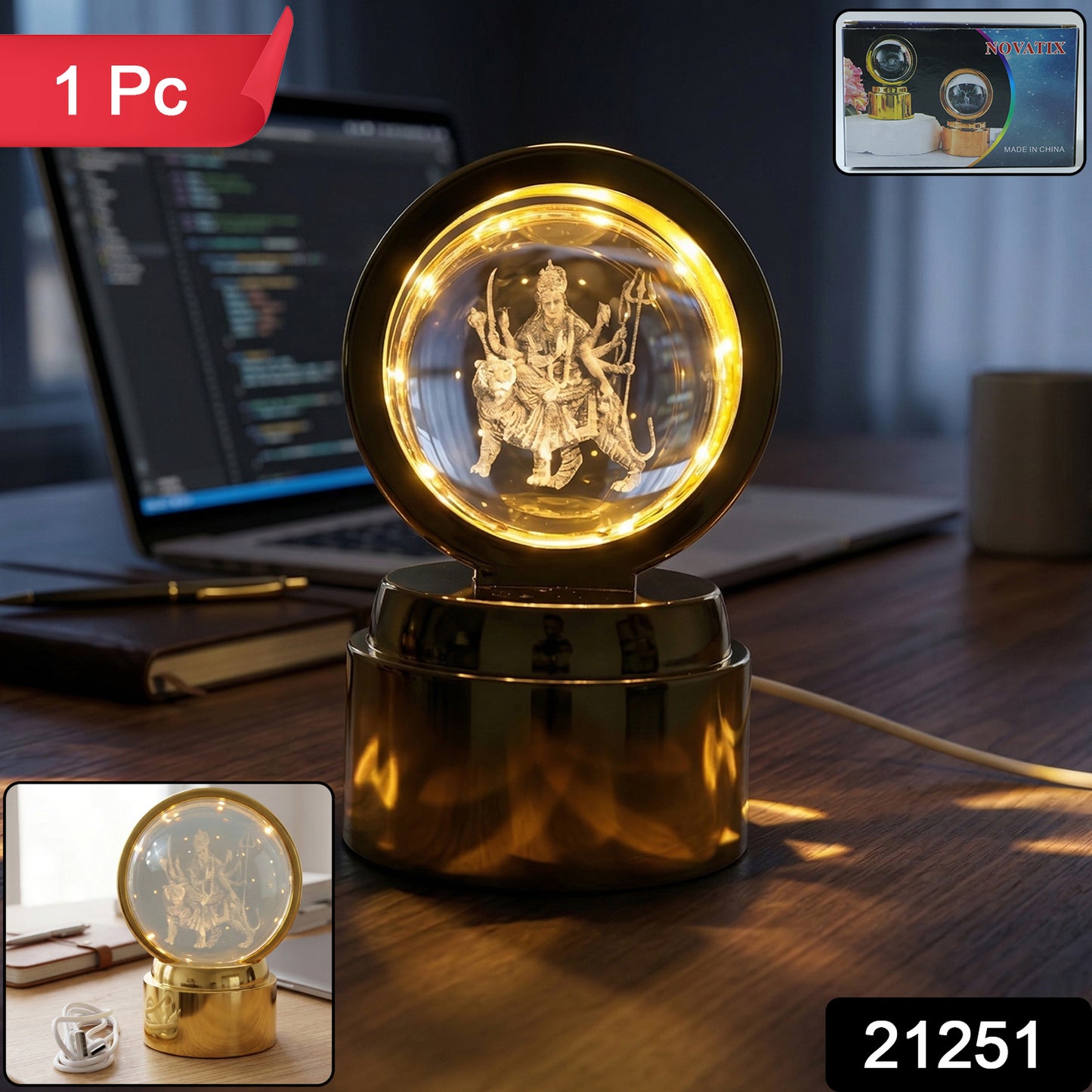 Wukusy 3D crystal ball LED night lamp with goddess design, decorative light features intricate artwork and glowing illumination.