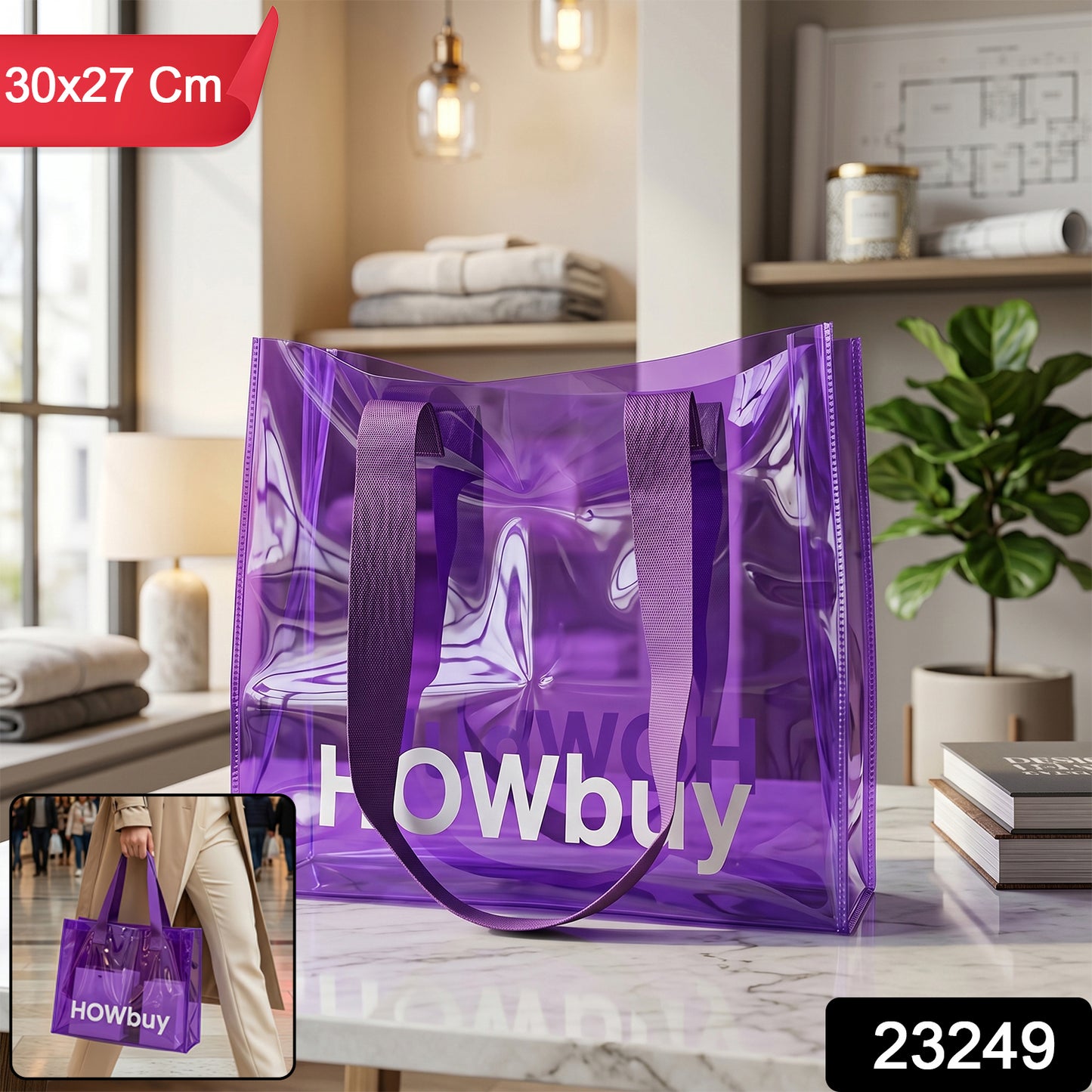 Transparent carry bag with handle strap by Wukusy, 30x27 cm, showcasing its clear design and sturdy strap for easy carrying.