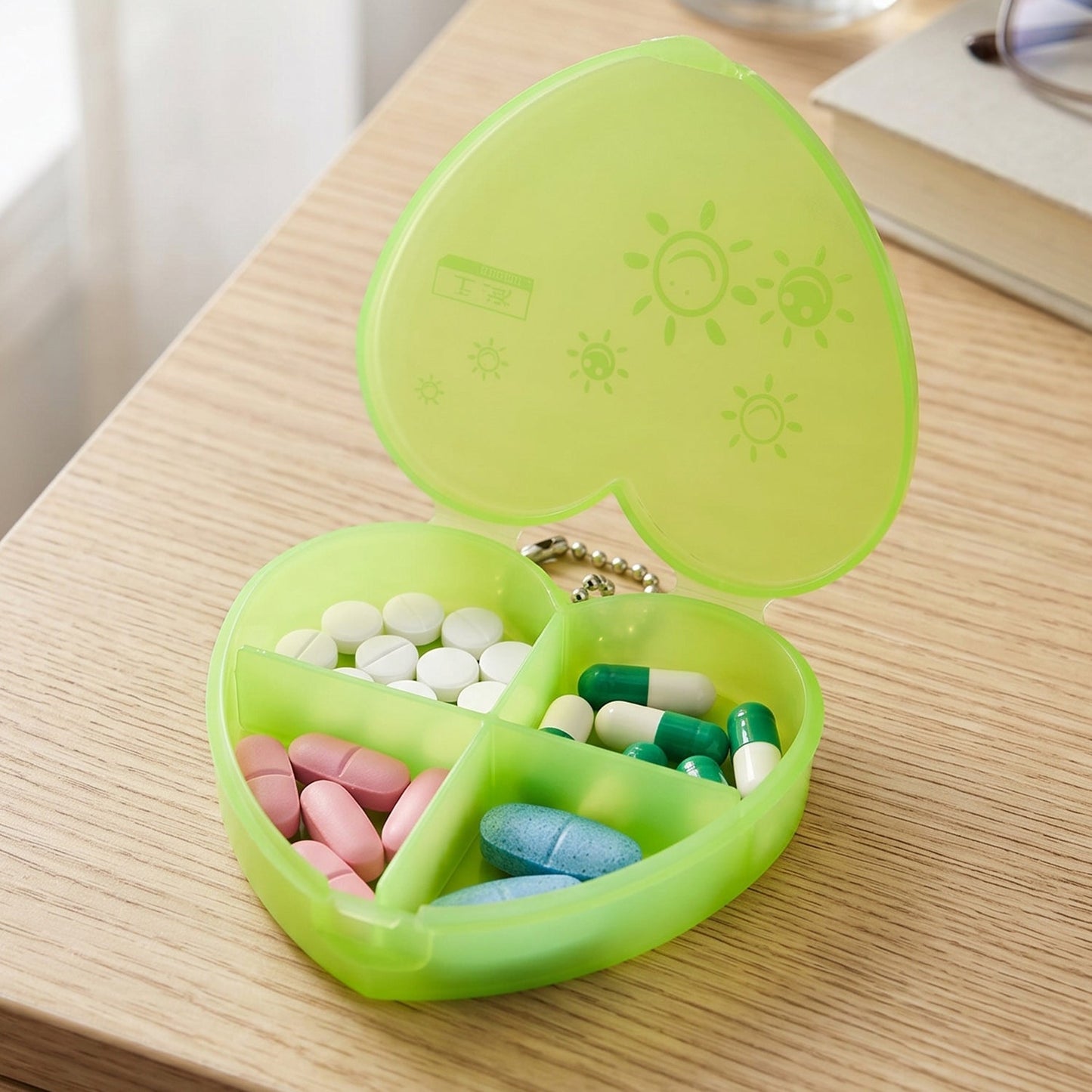 Heart-shaped plastic pill organizer box with four compartments and keychain from Wukusy, ideal for storing daily medication or supplements.