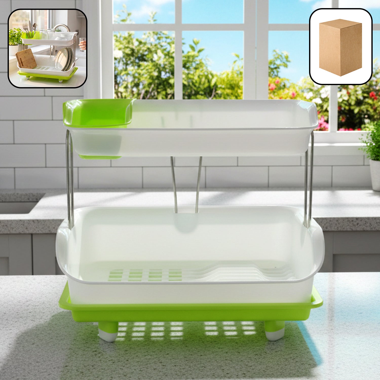 Wukusy Prexo 2-layer kitchen dish drying rack with drain tray, holding clean dishes and utensils in a modern kitchen setting.