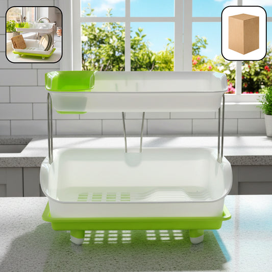 Wukusy Prexo 2-layer kitchen dish drying rack with drain tray, holding clean dishes and utensils in a modern kitchen setting.