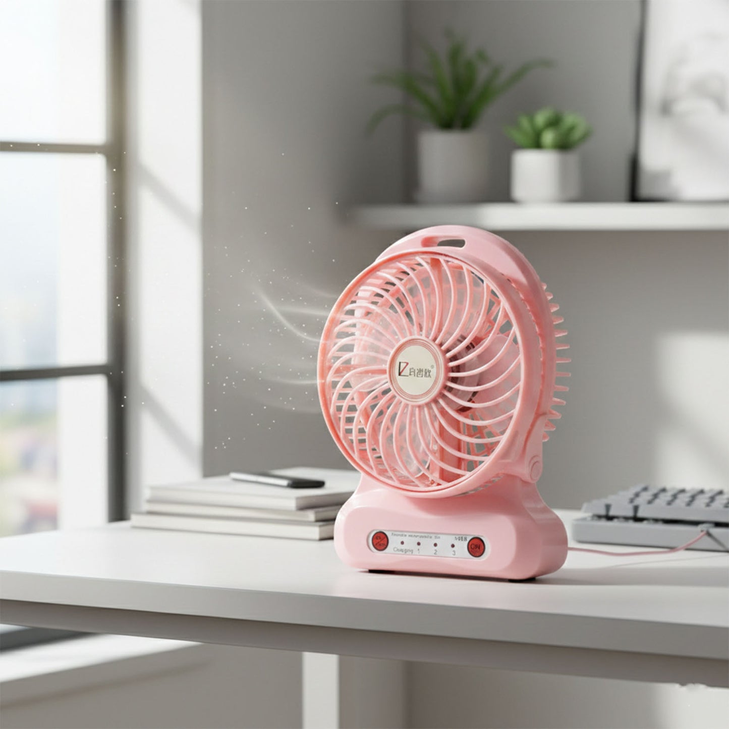 Wukusy portable USB rechargeable desk fan with adjustable blades and compact design, ideal for personal cooling.