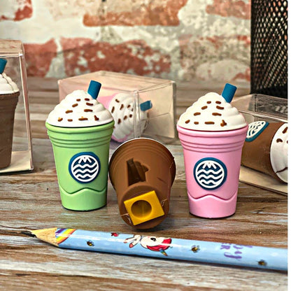 Wukusy 2-in-1 3D ice cream and coffee shape rotary manual pencil sharpener for kids, colorful and fun school stationery.