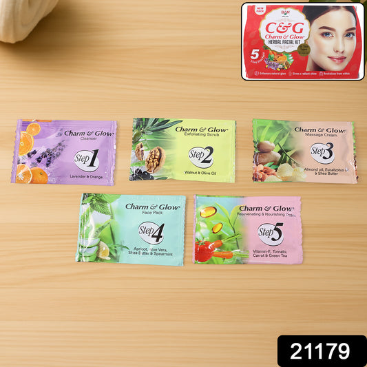 Wukusy Charm Glow 5-step herbal facial kit with skincare products arranged in a box for natural and radiant skin.