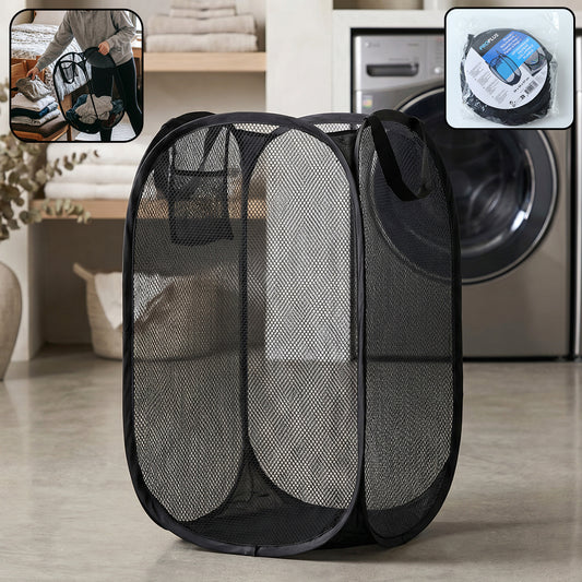Wukusy collapsible mesh laundry hamper, portable clothes storage basket in gray, with mesh sides and a sturdy frame.