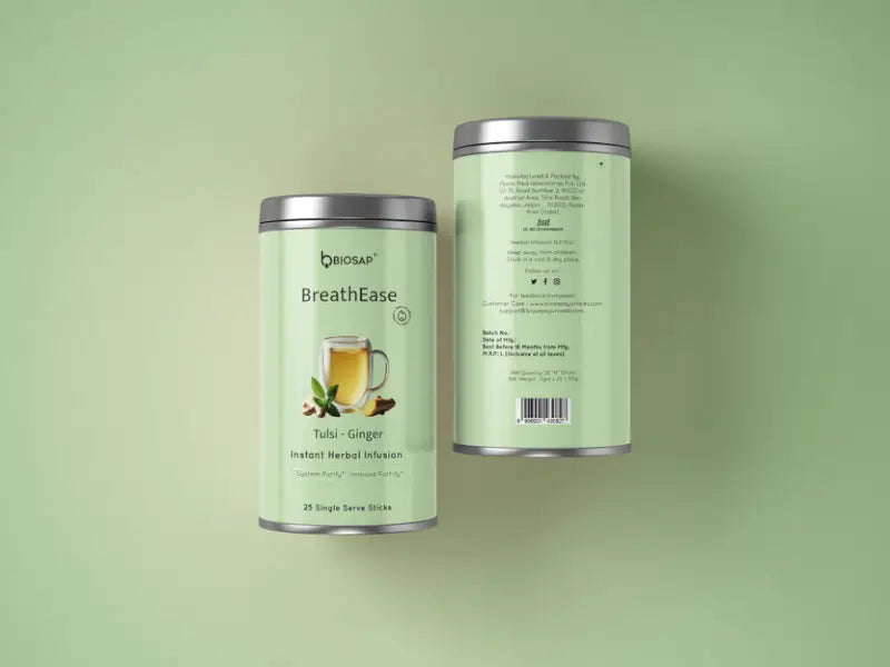 Ekom herbal tea in a glass mug with fresh herbs and lemon slices, set on a kitchen countertop, showcasing a soothing beverage.