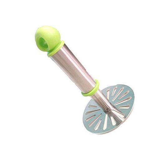 Wukusy Ganesh Potatopav Bhaji Masher with silver plastic handle, oval-shaped potato masher for kitchen use, multicolor handle.