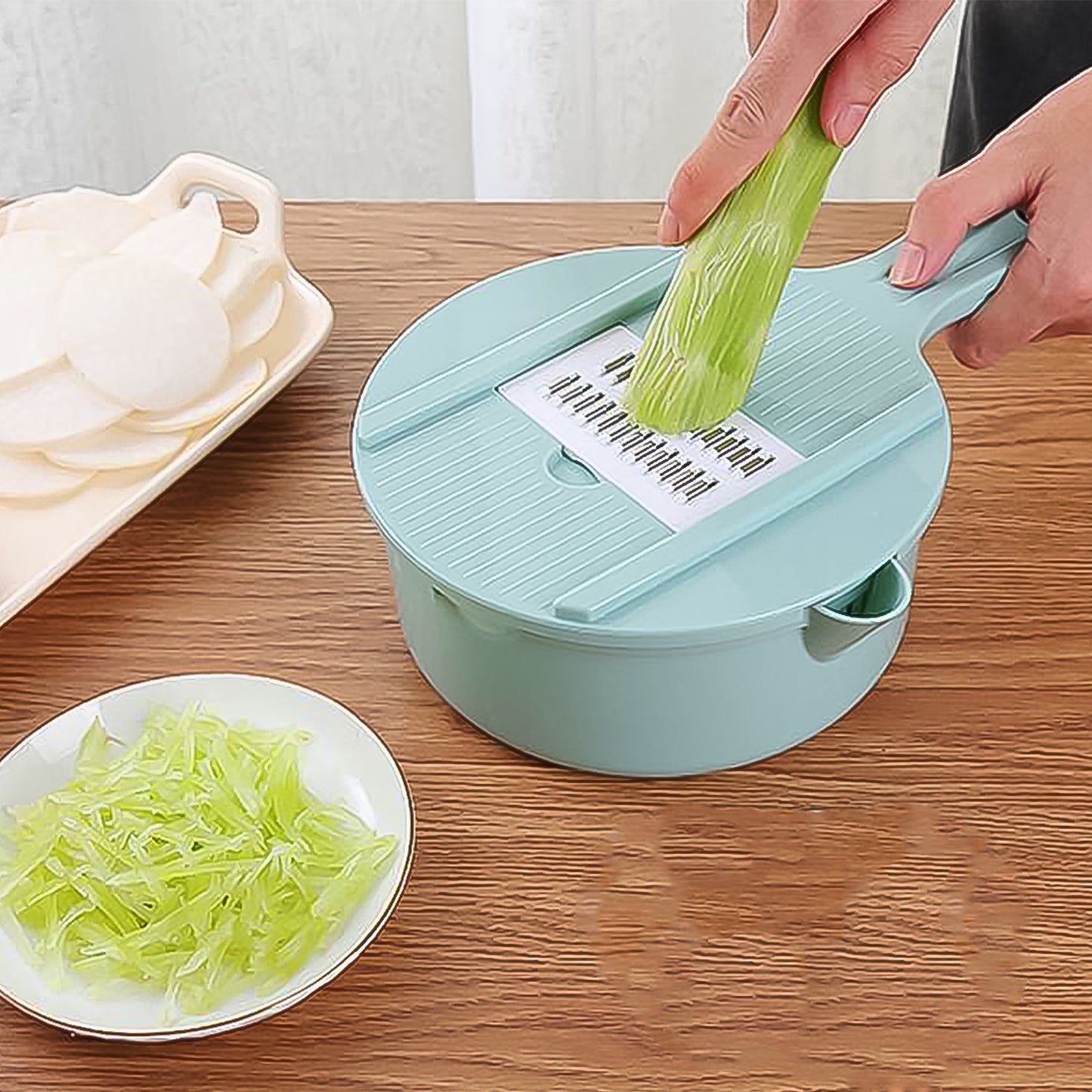 Wukusy 6-in-1 vegetable chopper with drain basket, featuring multiple slicer blades for easy vegetable prep in the kitchen