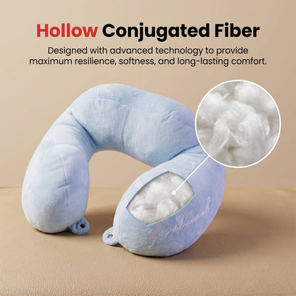 Blue U-shaped travel neck pillow by Wukusy with plush fabric, providing head and neck support for comfortable travel.