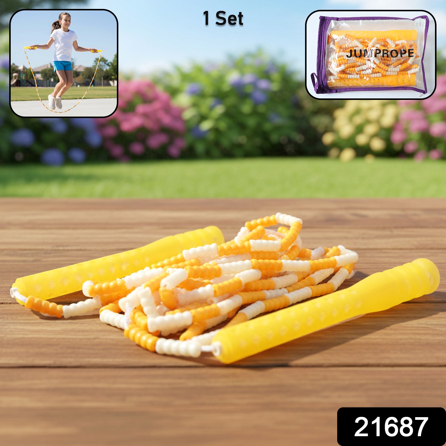 Yellow and white beaded skipping jump rope by Wukusy, coiled with colorful beads, suitable for exercise and fitness activities.