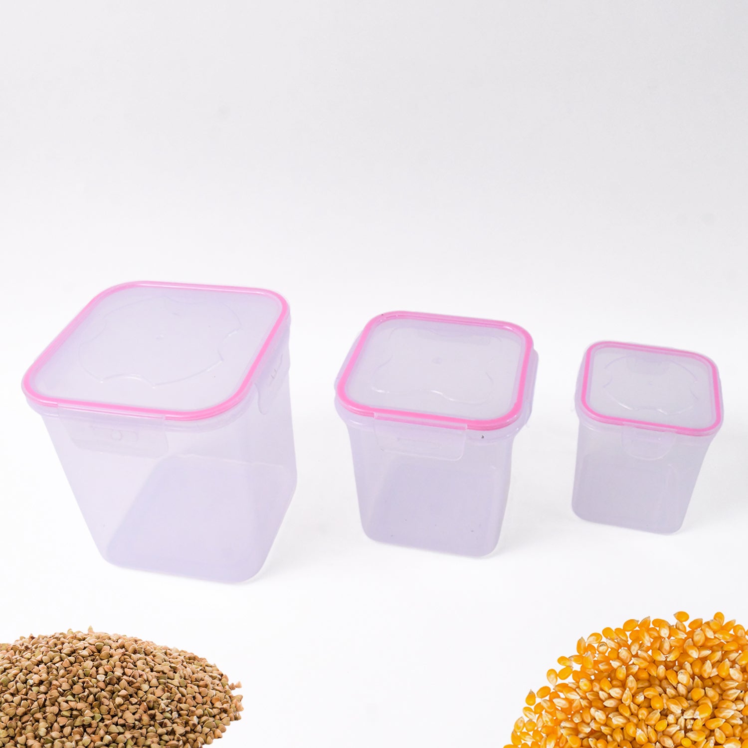 Set of three Wukusy kitchen storage containers in 250ml, 500ml, and 1000ml sizes, with clear lids for food organization.