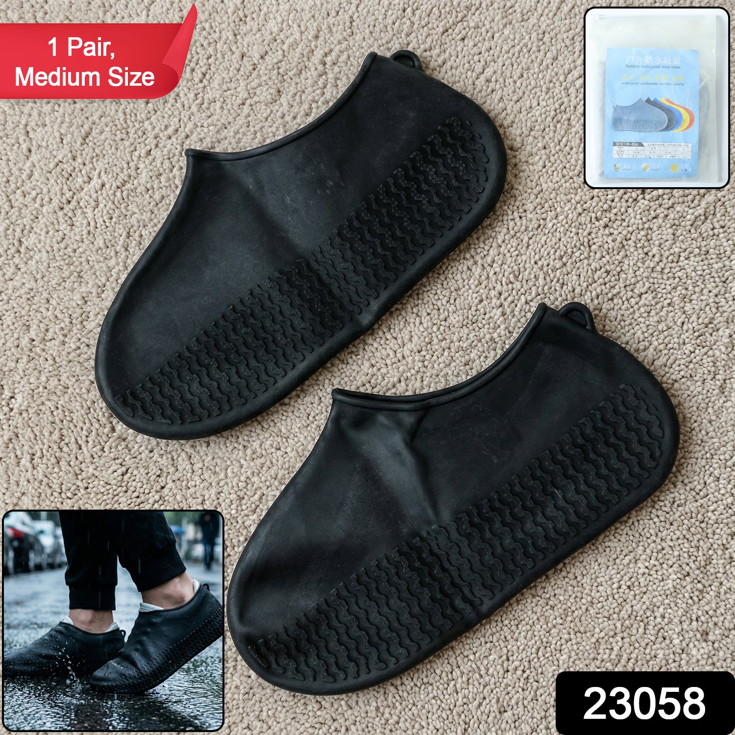 Pair of black waterproof silicone shoe covers by Wukusy, medium size, designed to protect footwear from water and mud.