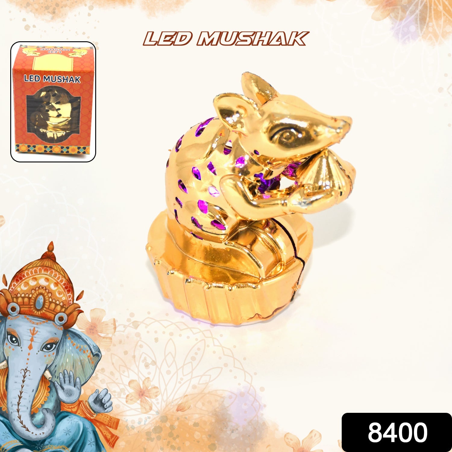 Multicolour LED Mushak for Ganpati decorations, Wukusy brand, featuring vibrant multicolored LED lights and detailed design.