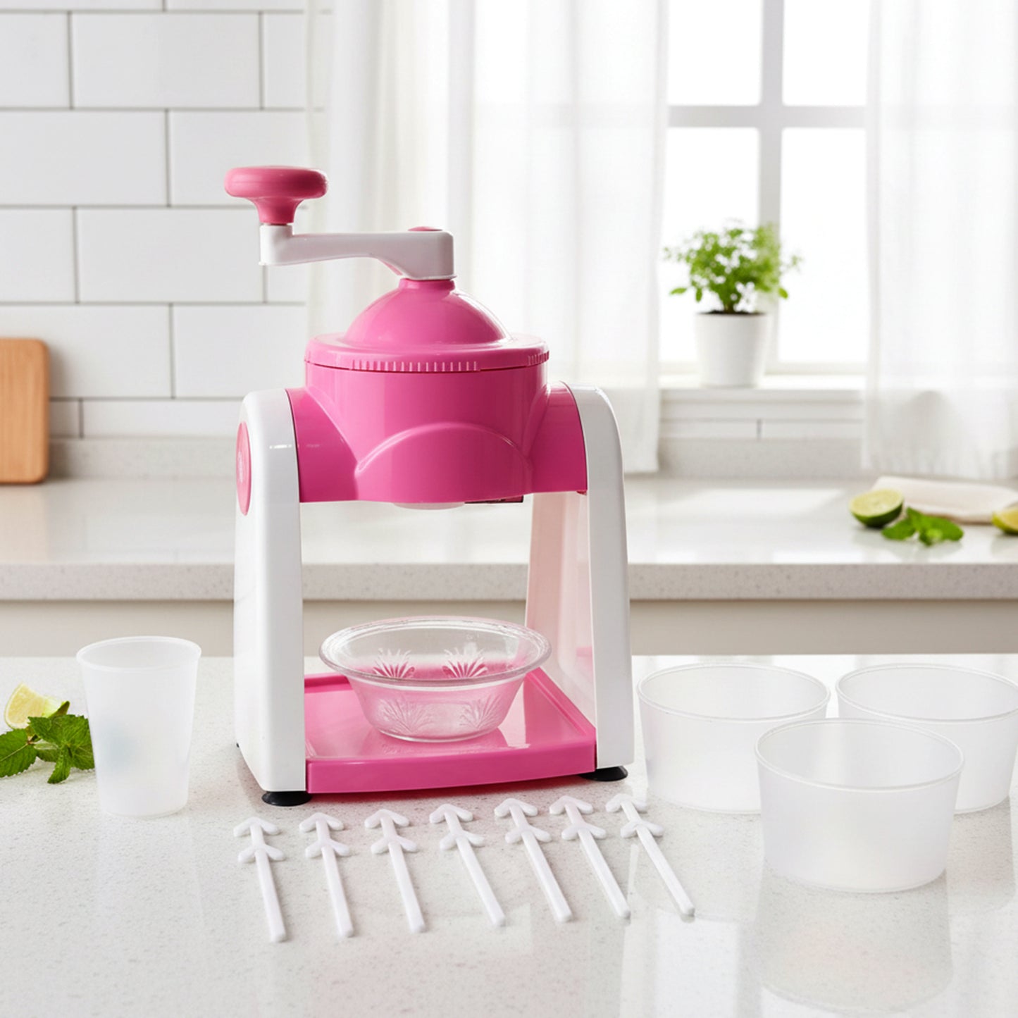 Pink manual ice crusher machine by Wukusy with handle and stainless steel blades for crushing ice efficiently.