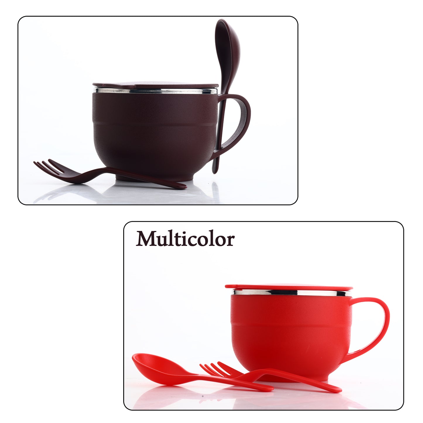 Wukusy 8130 stainless steel soup bowl set with handle spoon and fork, includes spoon holder for home and kitchen use.