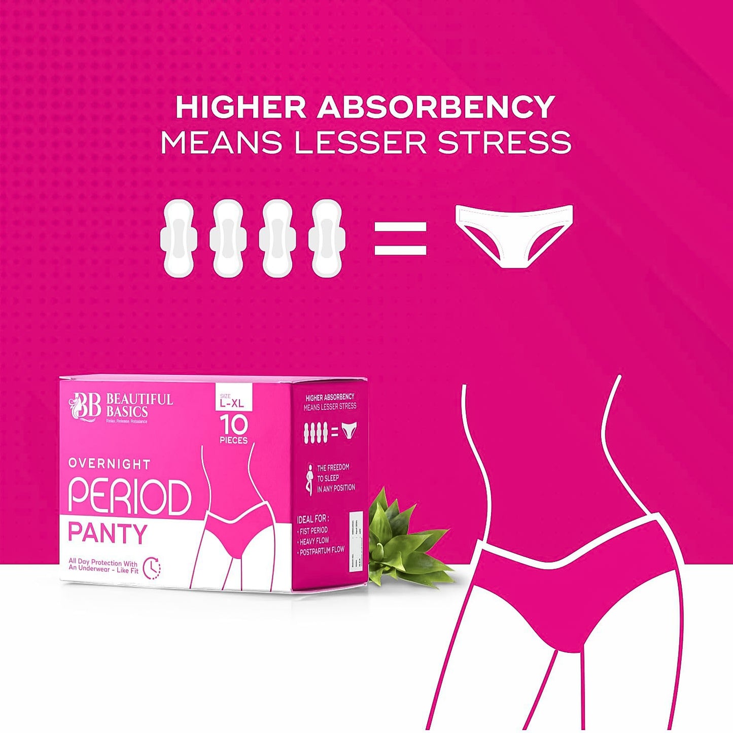Wukusy Beautiful Basics overnight period panty in XXL size, 10-pack, showing soft, breathable fabric and secure fit for overnight wear