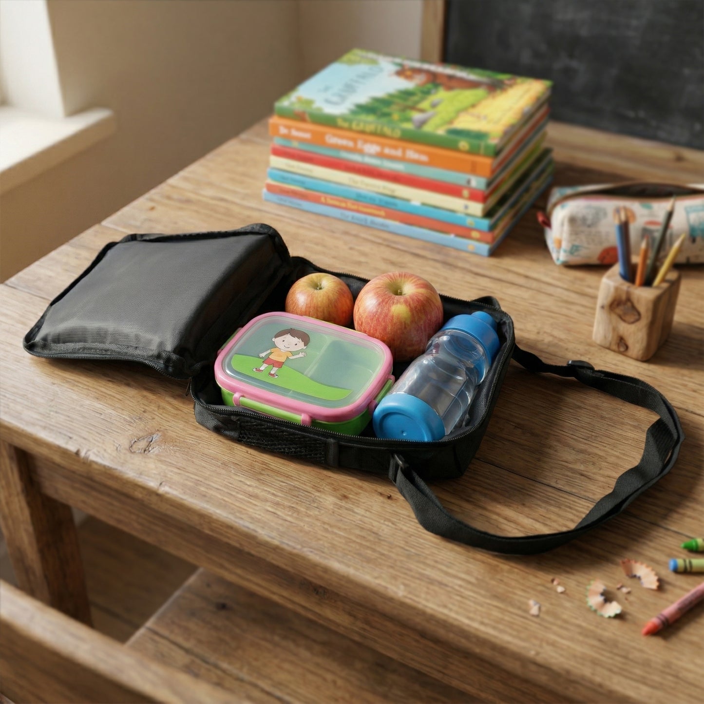 Kids cartoon print lunch bag with adjustable strap, featuring colorful cartoon characters, in a 19x24 cm Wukusy design.