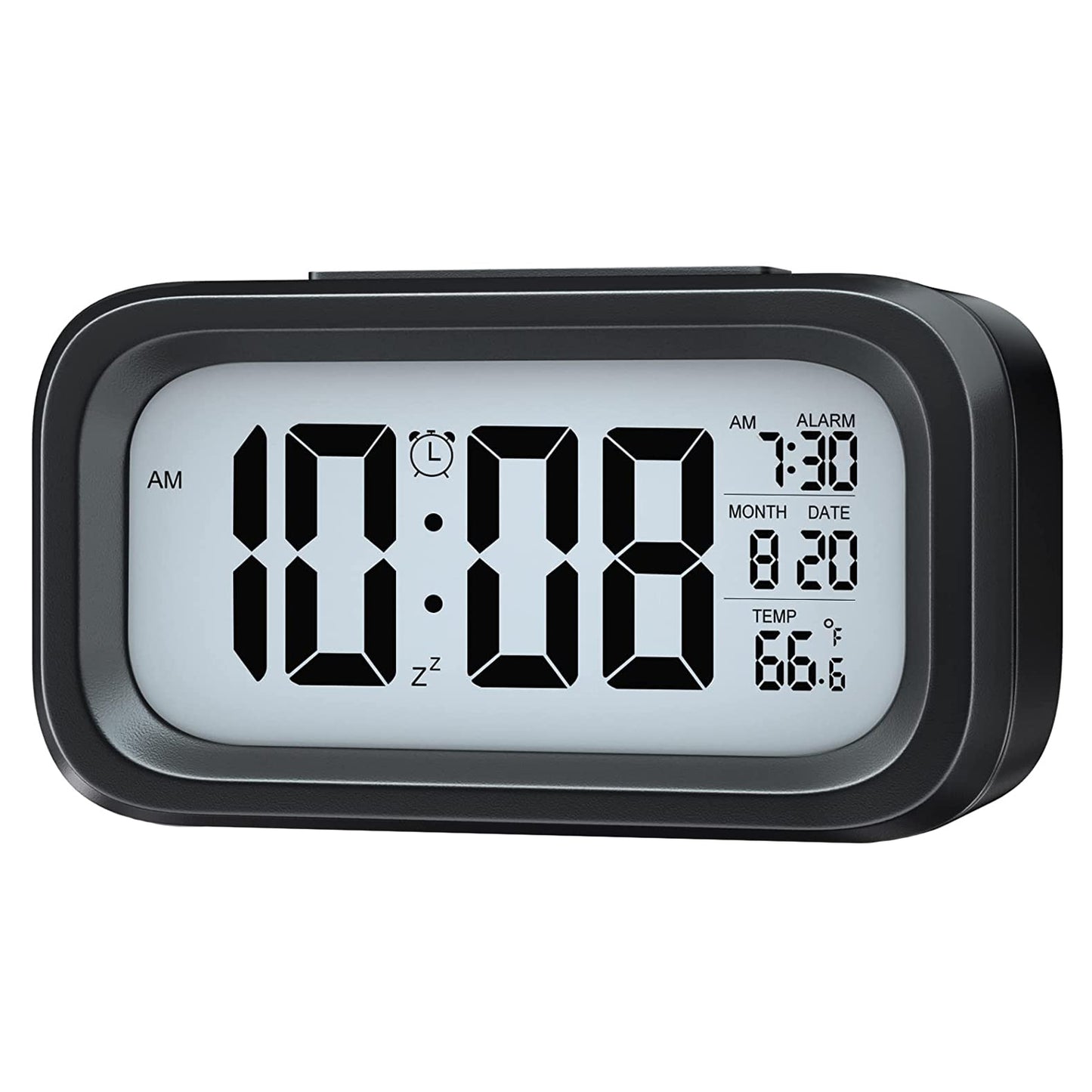Wukusy digital LCD alarm clock with backlight, showing time display on a sleek home improvement device.