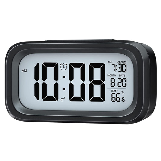 Wukusy digital LCD alarm clock with backlight, showing time display on a sleek home improvement device.