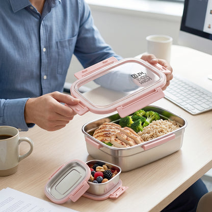 Wukusy Ganesh Alpha Junior stainless steel lunch box set with 650ml and 140ml containers, durable and portable for kids.