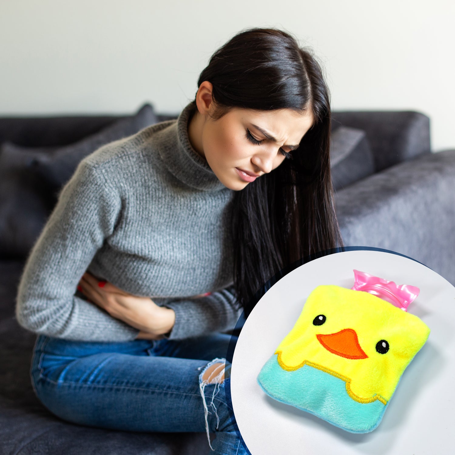 Wukusy yellow duck design small hot water bag with cover, used for pain relief, neck, shoulder, hand, foot warmth, and menstrual cramps.