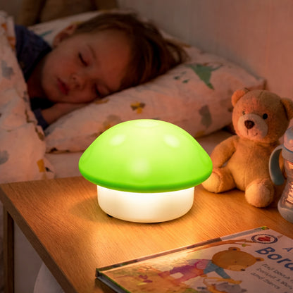 Wukusy cute mushroom-shaped LED night lamp glowing softly, ideal for children's bedroom or cozy decor.