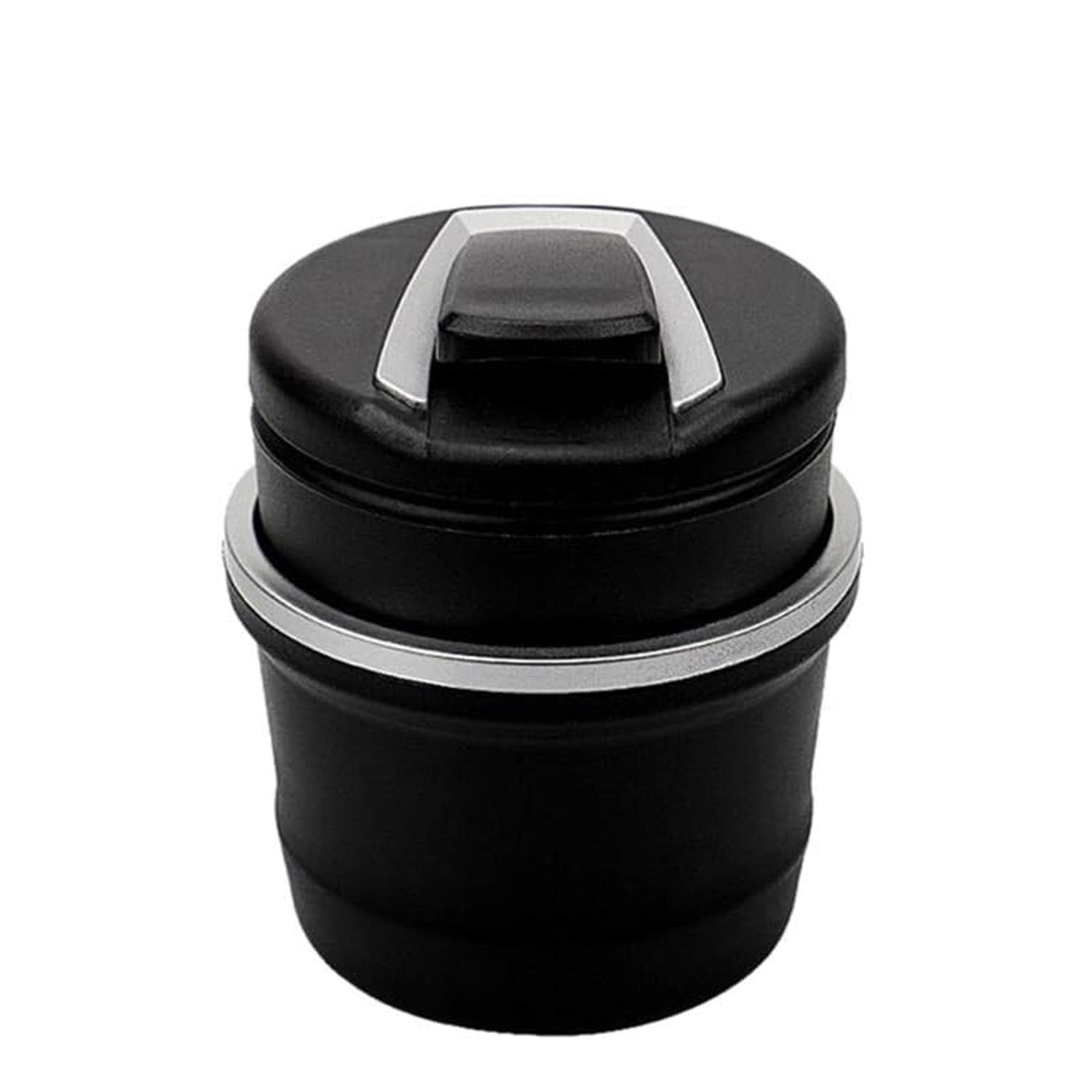 Wukusy portable car ashtray with lid and blue LED light, compact design, shown with a blue LED glow inside.