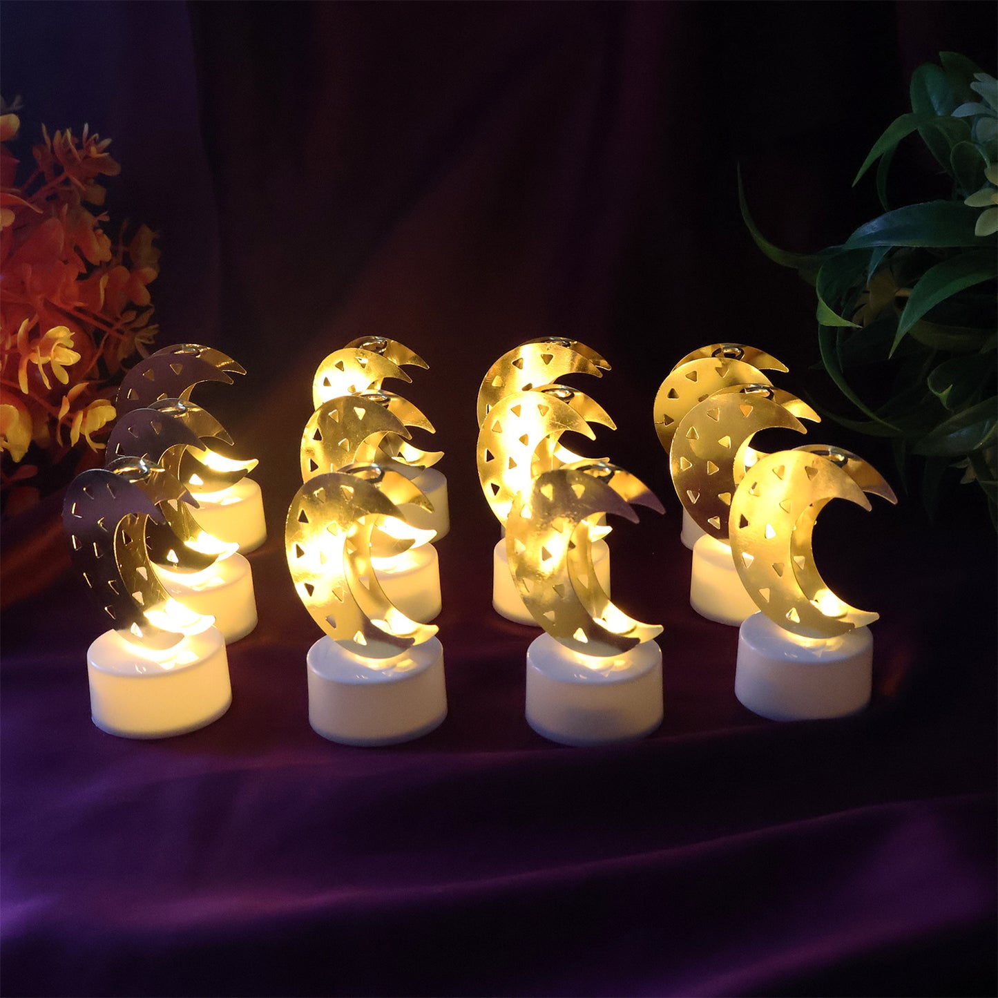 Set of 12 decorative moon-shaped flameless LED candles by Wukusy for home decor, featuring warm glowing moon designs.