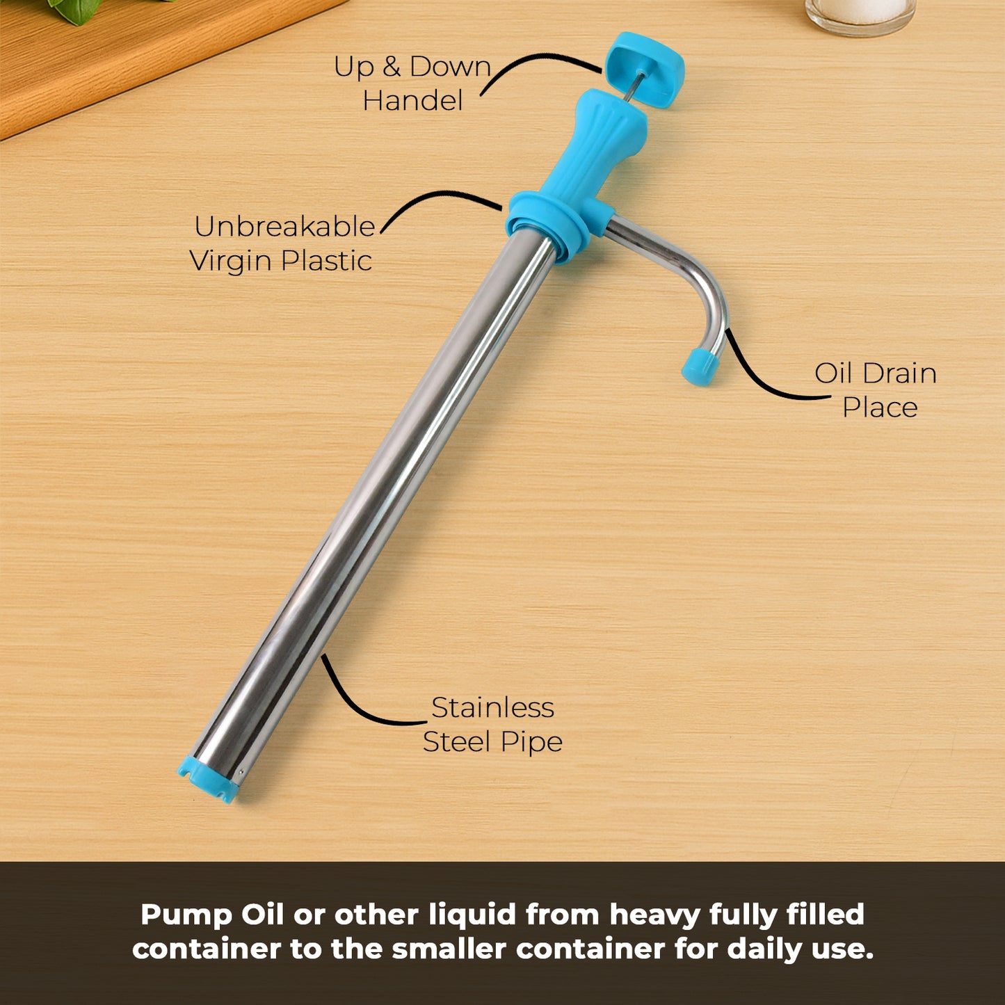 Wukusy Supermom manual stainless steel oil pump dispenser with handle and nozzle for precise oil pouring.