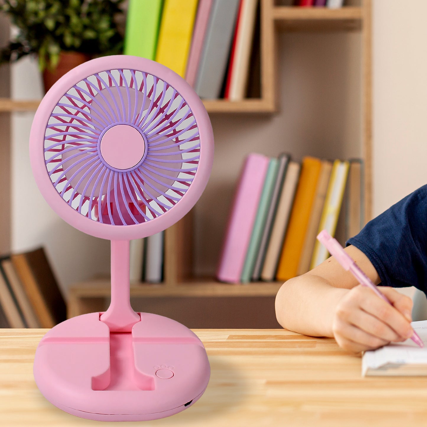 Wukusy USB rechargeable portable fan with LED light, foldable design, heavy-duty build, and charging port for home and outdoor use.