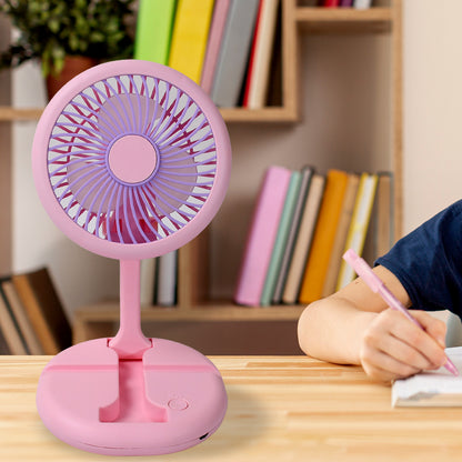 Wukusy USB rechargeable portable fan with LED light, foldable design, heavy-duty build, and charging port for home and outdoor use.