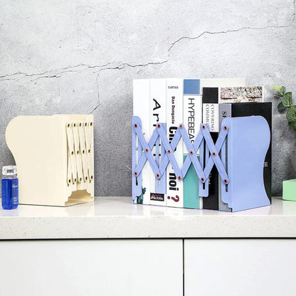 Wukusy adjustable expandable book organizer stand holding books with a sturdy, lightweight design for easy access and storage.