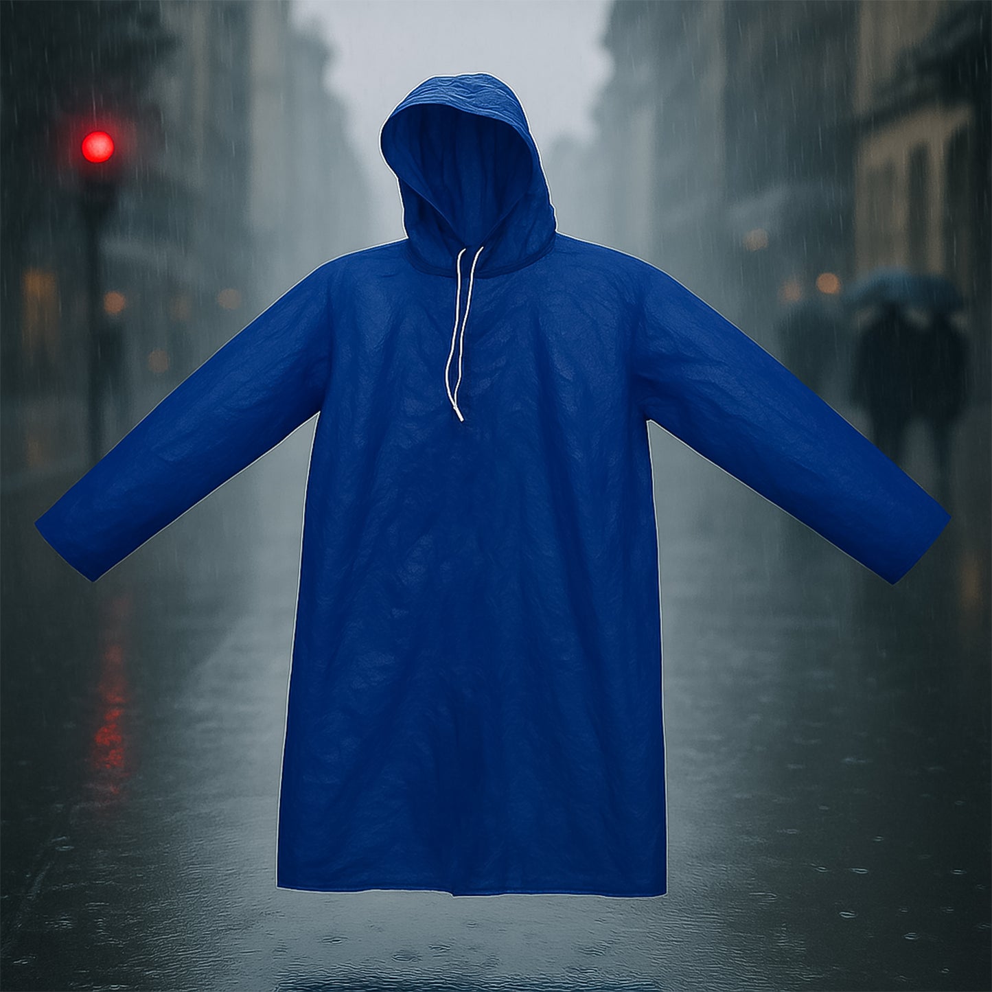 Men's large waterproof hooded raincoat by Wukusy, showing its durable fabric and adjustable hood in a rainy outdoor setting.