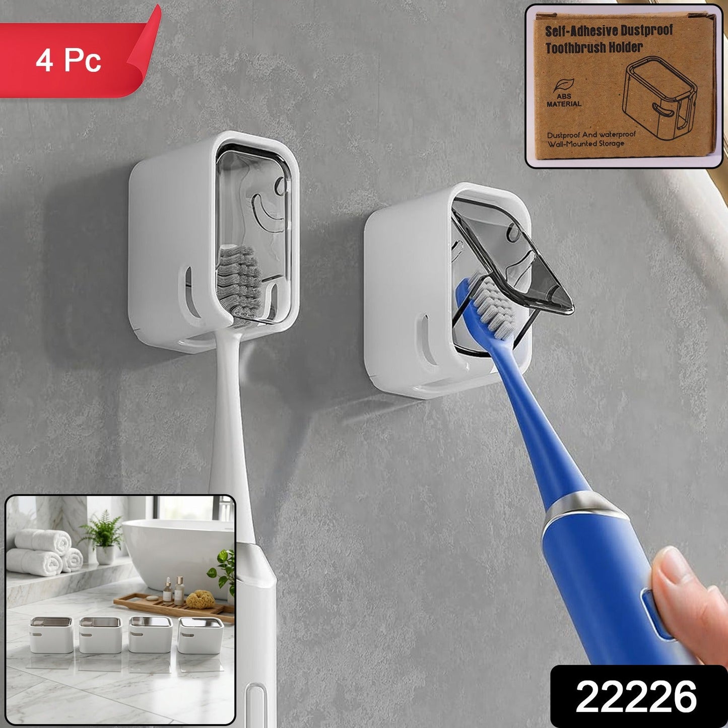Wukusy self-adhesive dustproof toothbrush holder mounted on bathroom wall, space-saving wall mount with cover for toothbrush storage