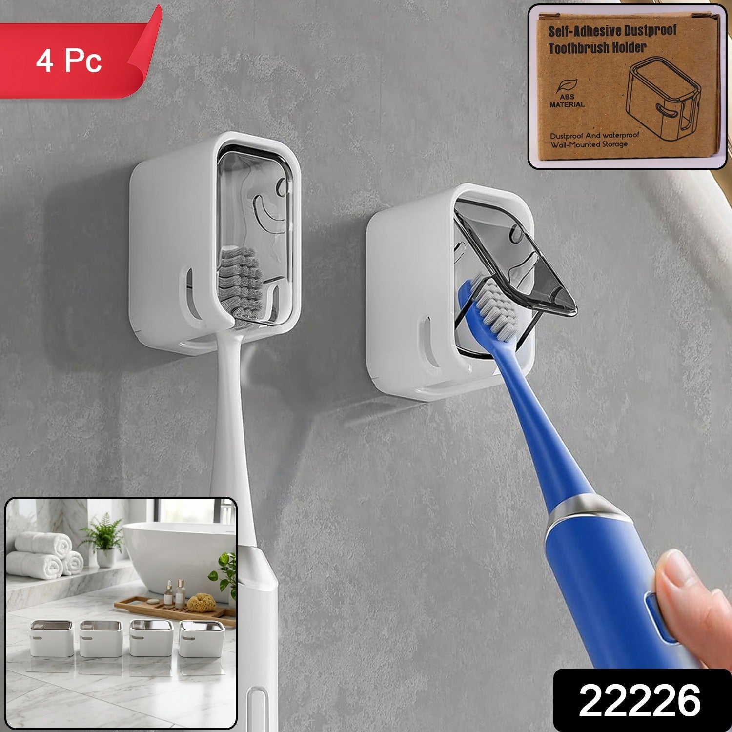 Wukusy self-adhesive dustproof toothbrush holder mounted on bathroom wall, space-saving wall mount with cover for toothbrush storage