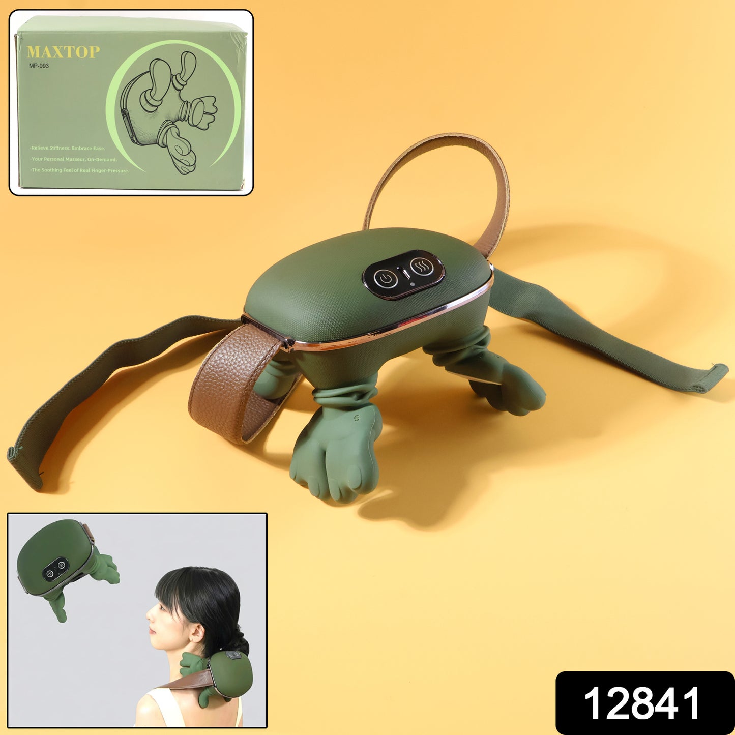 Wukusy long rechargeable kneading neck and shoulder massager showing its ergonomic design and multiple massage nodes.